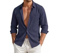 HISDERN Camicia Casual da Uomo a Maniche Lunghe in Puro Cotone Blu Navy L