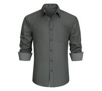 HISDERN Camicia da uomo formale, per il tempo libero, per il tempo libero, a maniche lunghe, in cotone, classica, vestibilità regolare, Grigio-3, XXL