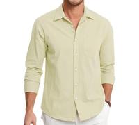 HISDERN Camicia da Uomo in Lino a Maniche Lunghe, Camicia di Cotone per il Tempo Libero, Camicia in Lino con Tasche, Vestibilità Normale, Camicia Business Estiva, giallo chiaro, L