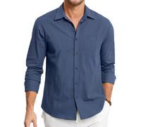 HISDERN Camicia da uomo in lino a maniche lunghe, in cotone, per il tempo libero, con tasca, vestibilità normale, camicia business estiva, Blu 2, M