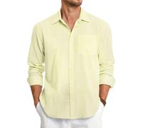 HISDERN Camicia da uomo in lino, a maniche lunghe, in cotone, per il tempo libero, vestibilità normale, per affari, estiva, con tasca, giallo chiaro, 3XL
