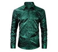 HISDERN Camicia da Uomo in Seta Verde Camicia Raso Uomo con Paisley Jacquard Manica Lunga con Bottoni e Colletto per Matrimoni Party Regular Fit M