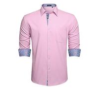 HISDERN Camicia Elegante Rosa da Uomo abbottonate a Maniche Lunghe Colletto Classico Formale Concerto Camicie da Sposa con Tasche 2XL