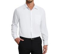 HISDERN Camicia Uomo Elegante Bianca Camicie da Uomo Manica Lunga di Cotone con Taschino Bottoni Regular Fit Formale Tinta Unita No Stiro 4XL