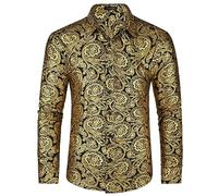 HISDERN Camicie da Uomo in Raso a Maniche Lunghe Camicia Lucida con Stampa di Piume Dorate Moda Casual Camicie Floreali di Lusso per Feste Prom Gold L