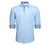 HISDERN Camicie Eleganti da Uomo abbottonata a Maniche Lunghe Azzurra Camicie dal Taglio Regolare Casual con Tasche 2XL