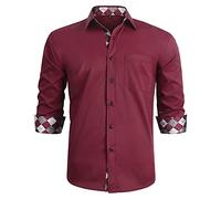 HISDERN Camicie Eleganti da Uomo Rosse Maniche Lunghe Formali abbottonate Camicia Scozzese Marrone Colletto Floreale Elegante Camicia Bordeaux vestibilità Regolare