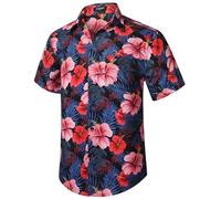 HISDERN Camicie Hawaiane Uomo Camicie Casual da Uomo Camicia Aloha a Maniche Corte Stampata Estiva Camicia Aloha a Maniche Corte Funky Beach Hawaii Viola e Rosa 2XL