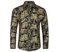 HISDERN Camicie in Raso da Uomo a Maniche Lunghe Camicia Lucida con Stampa di Piume Dorate Moda Casual Camicie Floreali di Lusso Oro Nero L