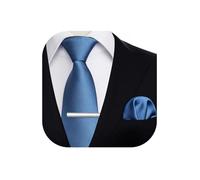 HISDERN Cravatta Uomo Azzurra e Fazzoletto Tinta unita Elegante Classico Matrimonio Raso Cravatte e Fazzoletto da Taschino Fermacravatta
