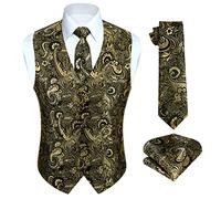 HISDERN Gilet da festa per uomo Gilet da uomo in oro Paisley Gilet floreale Jacquard Cravatta Fazzoletto da taschino Fazzoletto da cerimonia nuziale Set completo di gilet 3XL
