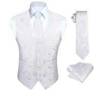 HISDERN Gilet da Uomo Paisley Floreale Jacquard Bianco Gilet Cravatta Fazzoletto da Taschino Set per la Festa Nuziale XXL