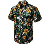 HISDERN Men Funky Hawaiana Floral Camicie Manica Corta Tasca Frontale Vacanze estive Aloha Stampata Beach Casual Black Orange Hawaii Flower Shirt