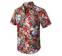 HISDERN Uomo Camicie Floreali hawaiane Funky Manica Corta Tasca Frontale Holiday Summer Aloha Printed Beach Camicia Casual Rossa Hawaii