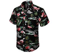 HISDERN Uomo Funky Hawaiana Flamingo Camicie Manica Corta Tasca Frontale Holiday Summer Aloha Printed Beach Casual Black Hawaii Shirt S