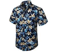 HISDERN Uomo Funky Hawaiana Floral Camicie Manica Corta Tasca Frontale Holiday Summer Aloha Printed Beach Casual Navy Blue Hawaii Shirt