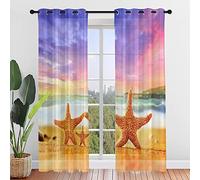 Hiseng 2 Pezzi Tende Voile Trasparente Interni,Decorativi Sheer Tenda per Camera da Letto Finestre Porta Cucina Soggiorno,Stampa Stelle Marine 3D Semi Trasparente Tende (80x115cm,Bagliore Serale)