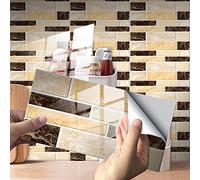 Hiseng 24/48 Pezzi Rettangolo Adesivi per Piastrelle da Cucina, Marmo Mosaico Stampa Impermeabile Adesivo da Parete Formato Autoadesivo Decorativo per Bagno Decorazioni (Marrone Kaki,24Pezzi)