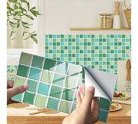 Hiseng 24/48 Pezzi Rettangolo Adesivi per Piastrelle da Cucina, Marmo Mosaico Stampa Impermeabile Adesivo da Parete Formato Autoadesivo Decorativo per Bagno Decorazioni (Verde Mosaico,48Pezzi)