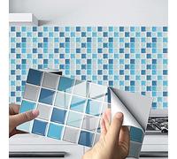 Hiseng 24/48 Pezzi Rettangolo Adesivi per Piastrelle da Cucina, Marmo Mosaico Stampa Impermeabile Adesivo da Parete Formato Autoadesivo Decorativo per Bagno Decorazioni (Blu Mosaico,48Pezzi)
