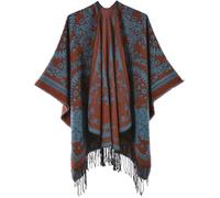 Hiseng Poncho Donna Invernale Mantello Caldo Coperta Calda, retrò Elegante Scialle Grande Sciarpa Cape Cardigan da Casa, Cappotto Mantella Lavorato Coprispalle per Donna (Blu-Rosso Ruggine,L)