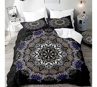 Hiseng Set di Biancheria da Letto de 3 Pezzi - 3D Mandala Stampa Set Copripiumino per Letto Matrimoniale Singolo King in Microfibra Federa e Copripiumini (Nero Classico,220x240cm)