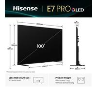 Hisense TV 100" QLED 4K 144Hz 100E7Q PRO, Smart TV VIDAA U8, Dolby Vision IQ, HDR 10+ Adaptive, 144hz Game Mode PRO, Dolby Atmos, Alexa Built-in, VIDAA Voice, Tuner DVB-T2/S2 HEVC 10, lativù 4K, 2025