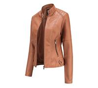Hiser Giacca Corta da Donna in Pelle PU Giacca Tasche con Cerniera Vintage Cappotti Manica Lunga l'autunno e l'inverno Bike Motocicletta Giacchetto Jacket (Cachi,XXL)