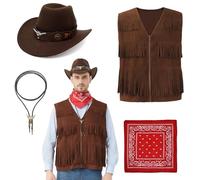 Hislovy Costume da Cowboy per Adulti, 4PCS Gilet Western Uomo per Halloween Carnevale Wild West Feste a tema, Marrone, 2XL