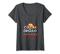 Hispanic Heritage Mi Cultura Mi Orgullo - Motivo Vibrante Sole Maglietta con Collo a V, Donna, Grigio Scuro, XXL
