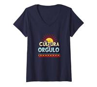 Hispanic Heritage Mi Cultura Mi Orgullo - Motivo Vibrante Sole Maglietta con Collo a V, Donna, Navy, M