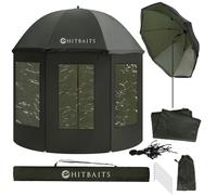 Hitbaits Ombrellone da Pesca Impermeabile, Ombrello Grande, Antivento, Accessori da Pesca, Facile da Montare, Rimovibile, Apertura Rapida, Durevole, con Finestre e Tettuccio Regolabile, 240 cm, Nero