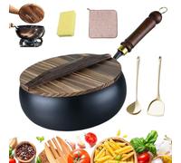 HItianya 2026 New Uncoated Thick Iron Pot, 24/26/28cm Japanese Iron Pan, Hand-Forged Non-Stick Irons Pans, Big Belly Frying Pan with Wooden Lid & Spatula, for All Stove (Wooden Lid, 28cm)