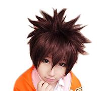 Hitman Reborn! Parrucche Cosplay Sawada Tsunayoshi Corto Marrone Rosso Mix Soffici capelli sintetici Ruolo Playwig + Cappellino parrucca FQ0050