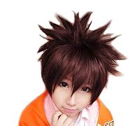 Hitman Reborn! Parrucche Cosplay Sawada Tsunayoshi Corto Marrone Rosso Mix Soffici capelli sintetici Ruolo Playwig + Cappellino parrucca FQ0050