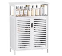 HITNET Armadio da pavimento per bagno, organizzatore di stoccaggio laterale indipendente in bambù con doppie porte e ripiani aperti, piccola dispensa da cucina salvaspazio, bianco