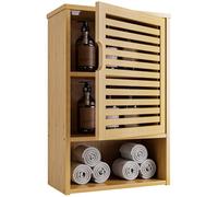 HITNET Pensile Bagno Sospeso, Armadietto Bagno da Parete, Mobiletto Medicinali da Bagno in Bambù, con Porta e Ripiano Regolabile, Naturale