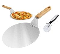 Hitopin 1 Pezzi Pala per Pizza e Torta con Manico in Legno, Pala per Pizza con Manico in Legno, Pala per Pizza in Acciaio Inox Rotondo, 10 Pollici Pala per Pizza in Acciaio Inox,per da Forno(Argento)