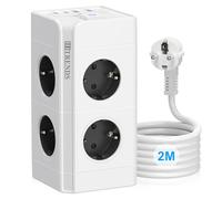 HITRENDS Ciabatta multipla a 8 prese, con 2 USB A e 2 Tpy C, presa multipla con interruttore, torre di presa per casa, ufficio, cavo di prolunga da 2 m (bianco)