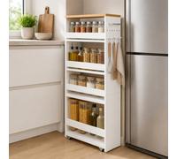 hitsuki Mobile Cucina Stretto 22cm Larghezza Carrello Nicchia 5 Livelli Scaffale Alto in Legno con 6 Ganci Bianco e Colore Rovere