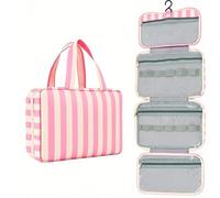 Hittriu Beauty case da viaggio con manico, da donna, grande capacità, da appendere, con gancio, borsa per il trucco con scomparti bagnati e asciutti per accessori di dimensioni standard, Righe Rosa e