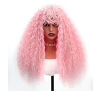 HiTuMyPi Parrucca riccia con frangia, parrucca riccia rosa da donna, lunga e riccia, colore rosa, delicata sulla pelle, in fibra sintetica, per uso quotidiano, festival, vacanze, 66 cm