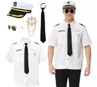 HIULLEN Camicia Da Capitano, Cappello Da Capitano, Set Costume Da Capitano Marinaio,Costume Capitano Con Cappello Marinaio Occhiali Sole Cravatta Per Feste In Costume Natale Crociere Cosplay