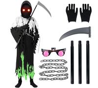 HIULLEN Costume Mietitore Bambino, Costume Morte Bambino, Costume da Tristo Mietitore con Occhiali Luminosi Falce Della Morte Catene Guantiper Halloween Carnevale Cosplay Mascherata