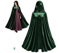 HIULLEN Mantello medievale con cappuccio, cappotto rinascimentale con cappuccio e collana con spilla a foglia verde, vestaglia gotica vintage da strega per Halloween World Book Day Fancy Dress