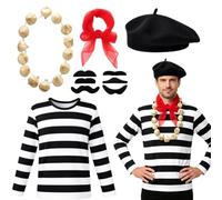 HIULLEN Set da uomo francese, costume da artista Mimo, kit con camicia a maniche lunghe a righe, sciarpa baffi e collana all'aglio, per la Giornata mondiale del libro, Halloween e carnevale