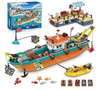 HiWEEGO Città barca da pesca cantiere navale - kit costruzione galleggiante oceano gru container, giocattolo regalo compleanno 6 7 8+