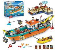 HiWEEGO Città barca da pesca cantiere navale - kit di costruzione galleggiante oceano nave blocco costruzione con motoscafo gru container, giocattolo regalo di compleanno per 6 7 8+ ragazzi e ragazze