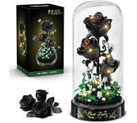 HiWEEGO Set da costruzione per bouquet di fiori con luci a LED, kit da 310 pezzi di blocchi di rosa nera con coperchio, mini mattoncini e fiori, collezione botanica, regalo di San Valentino per