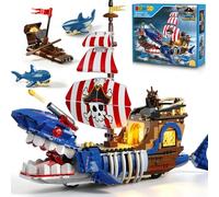 HiWEEGO Technik - Kit di costruzione a forma di nave pirata con luce LED | 887 pezzi, oceano mobile, avventura, barca dei pirati, set di giocattoli con squalo, regalo per bambini da 8 a 12 anni in su